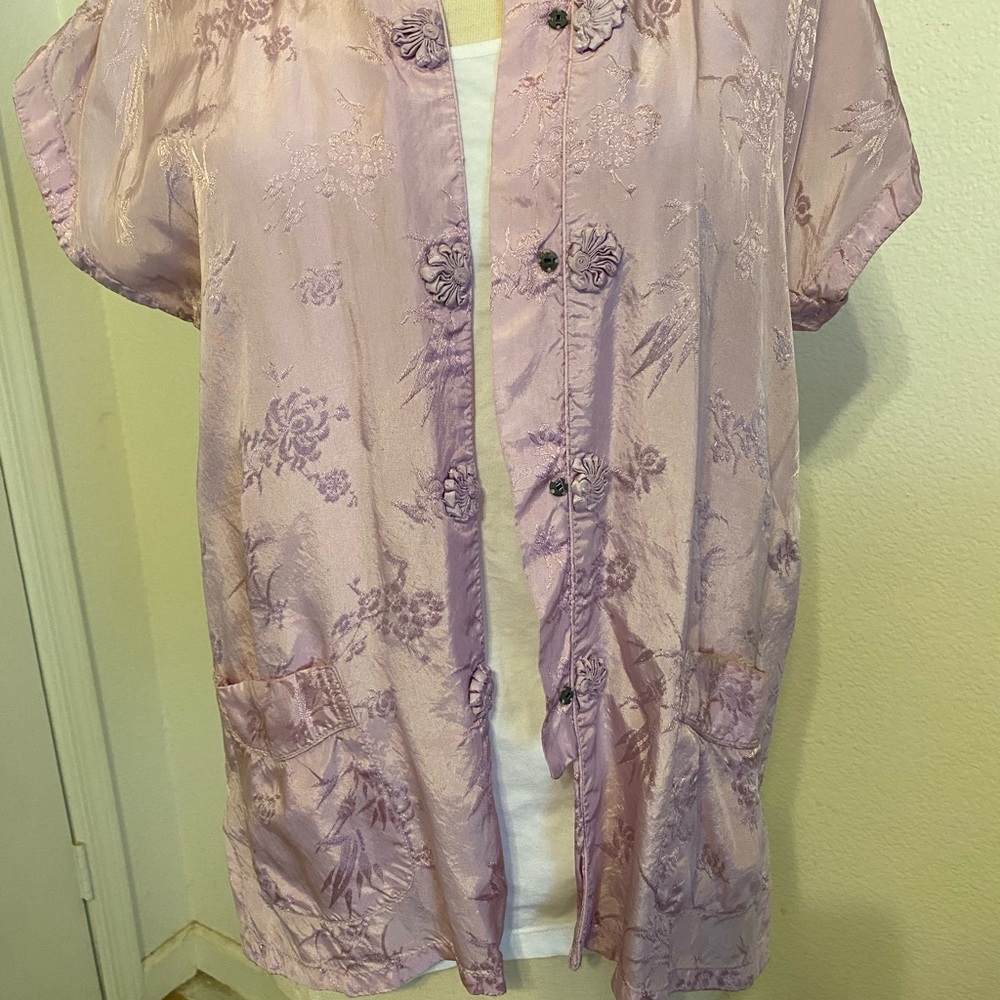 Lavender Satin Floral Button-Up Top